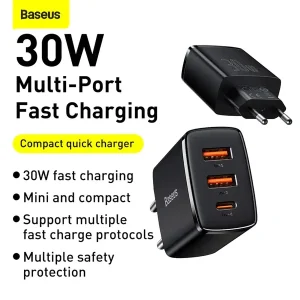 Baseus Compact Quick Charger 2 Usb + Type C 30W – US 2 Pin Black