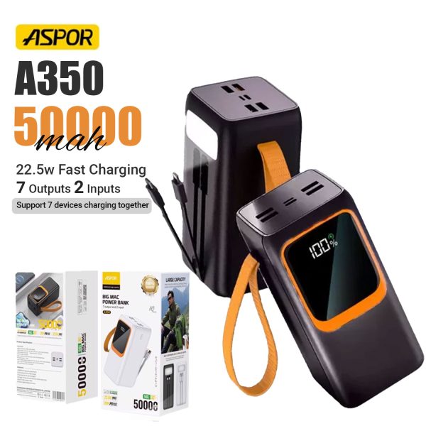 ASPOR A350 22.5W 50,000MAH FAST CHARGING TYPE-C MICRO IOS 7 OUTPUT WITH BUILT-IN FLASHLIGHT POWER BANK