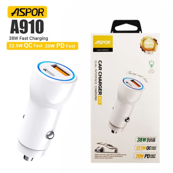 ASPOR A910 38W PD FAST CAR CHARGER QC 3.0 DUAL ALUMINUM METAL PORTABLE
