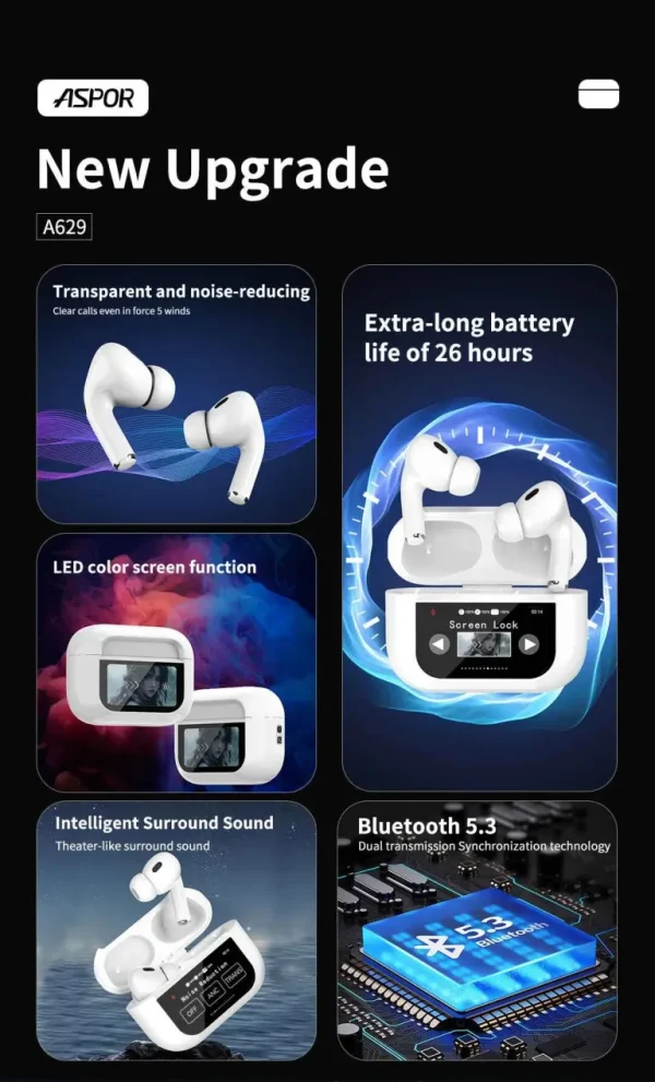 ASPOR A629 V5.3 ANC Touch Screen AirBuds Pro Version - Image 7