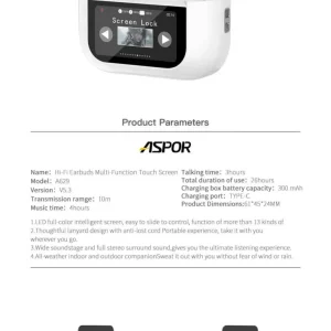 ASPOR A629 V5.3 ANC Touch Screen AirBuds Pro Version