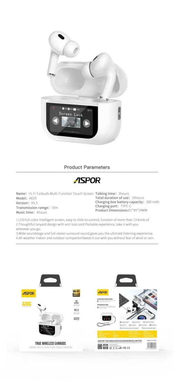 ASPOR A629 V5.3 ANC Touch Screen AirBuds Pro Version - Image 2