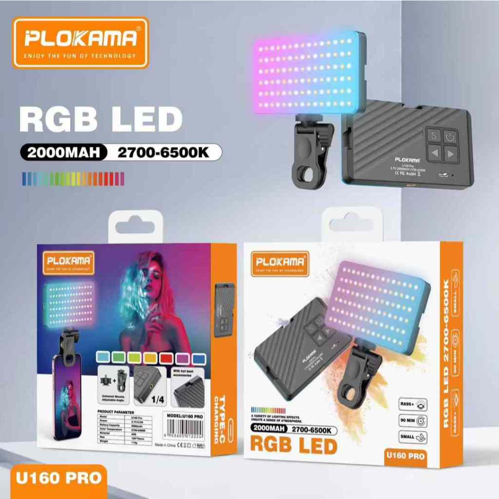 PLOKAMA U160 PRO RGB Portable LED Fill Light (Rechargeable) 2700-6500K | 2000mAh Battery