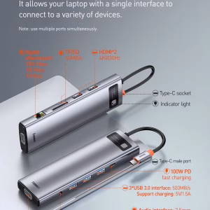 Baseus Metal Gleam Series 11 in 1 Multifunctional Type-C HUB (Type C to HDMI4K@60Hz*1+VGA*1+USB3.0*3+USB2.0*1+PD*1+RJ45*1+SD/TF*1+3.5mm*1)